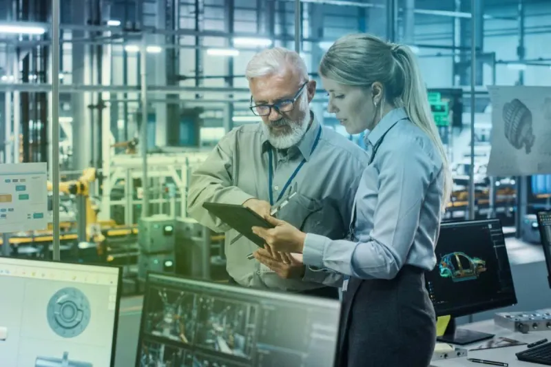 Automotive & Manufacturing: Ingenieurteam bespricht Fertigungsdaten in der Produktion