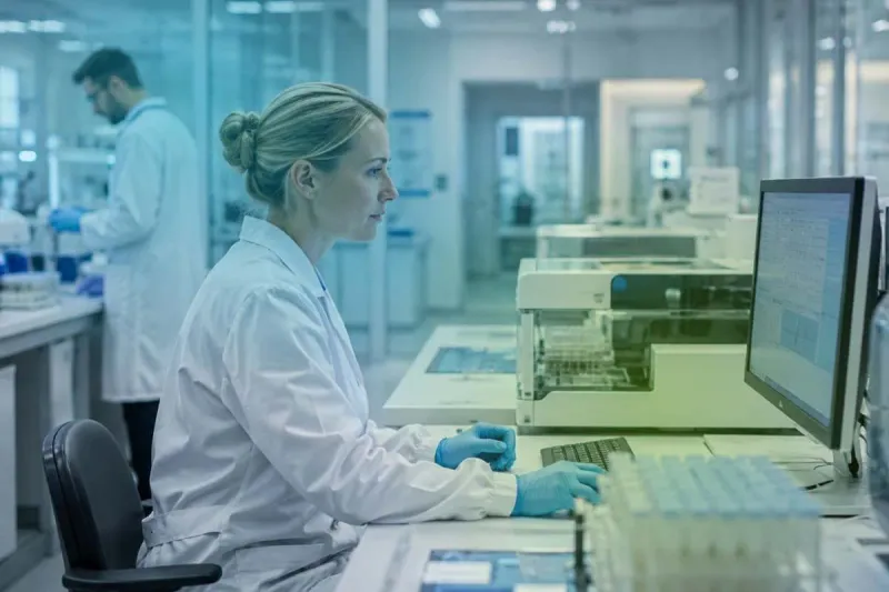 Health & Pharma: Fachkraft im Labor eines Pharmaunternehmens