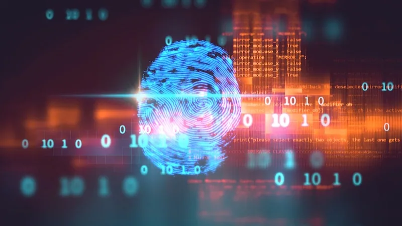 Leuchtender Fingerabdruck mit Binärcode – KI-Forschungsprojekt