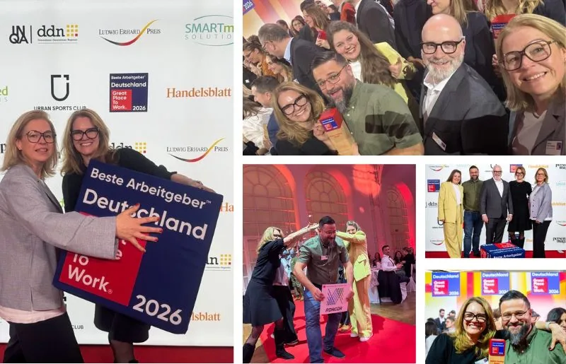 Great Place to Work 2026: Collage von der Abendgala mit dem Adacor-Team in der Kölner Flora