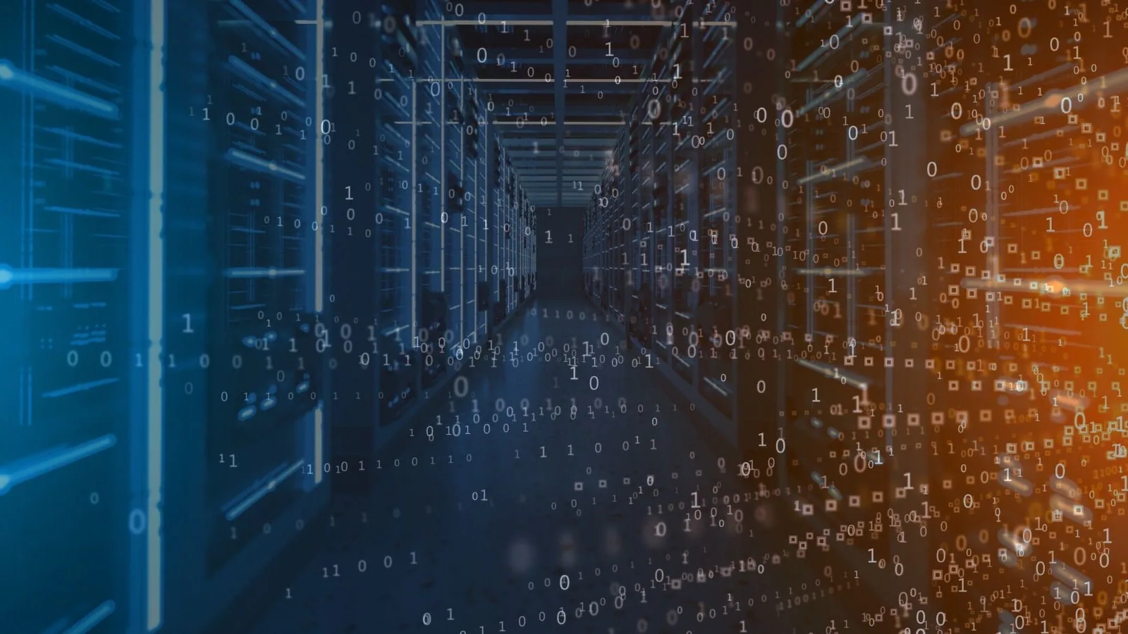 Rechenzentrums-Korridor mit Server-Racks und Binärcode – Infrastructure as Code
