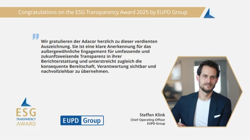 ESG Transparency Award 2025: Gratulation der EUPD Group mit Zitat von Steffen Klink