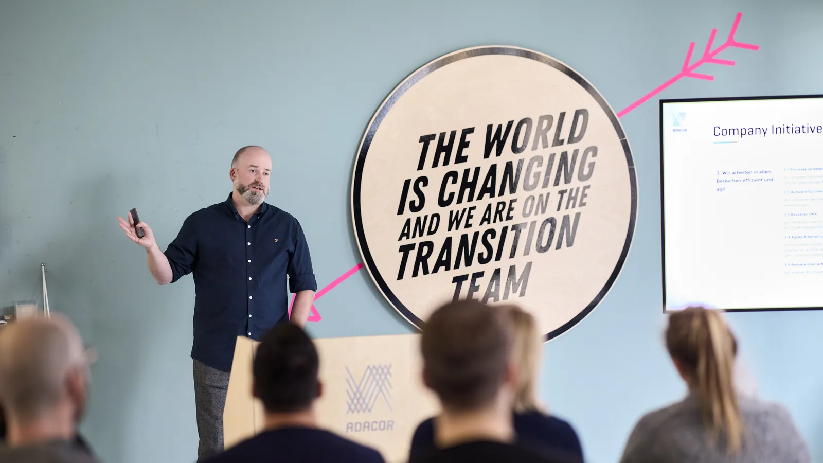 KI im Mittelstand einführen: Andreas Bachmann spricht vor dem Adacor-Team unter dem Motto „The world is changing and we are on the transition team“