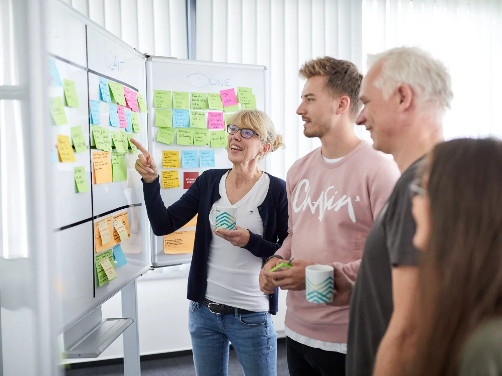 Nachhaltigkeit: Teamarbeit am Whiteboard in entspannter Runde